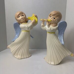 Vintage 1986 Atlantic Mold Ceramic Angel Set Of 2  Christmas Flute Lyre Harp